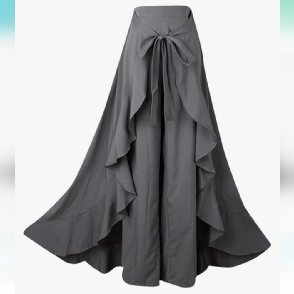 Women's Elegant High Waist Long Skirt Side Zipper with Tie Front Overlay Pants.